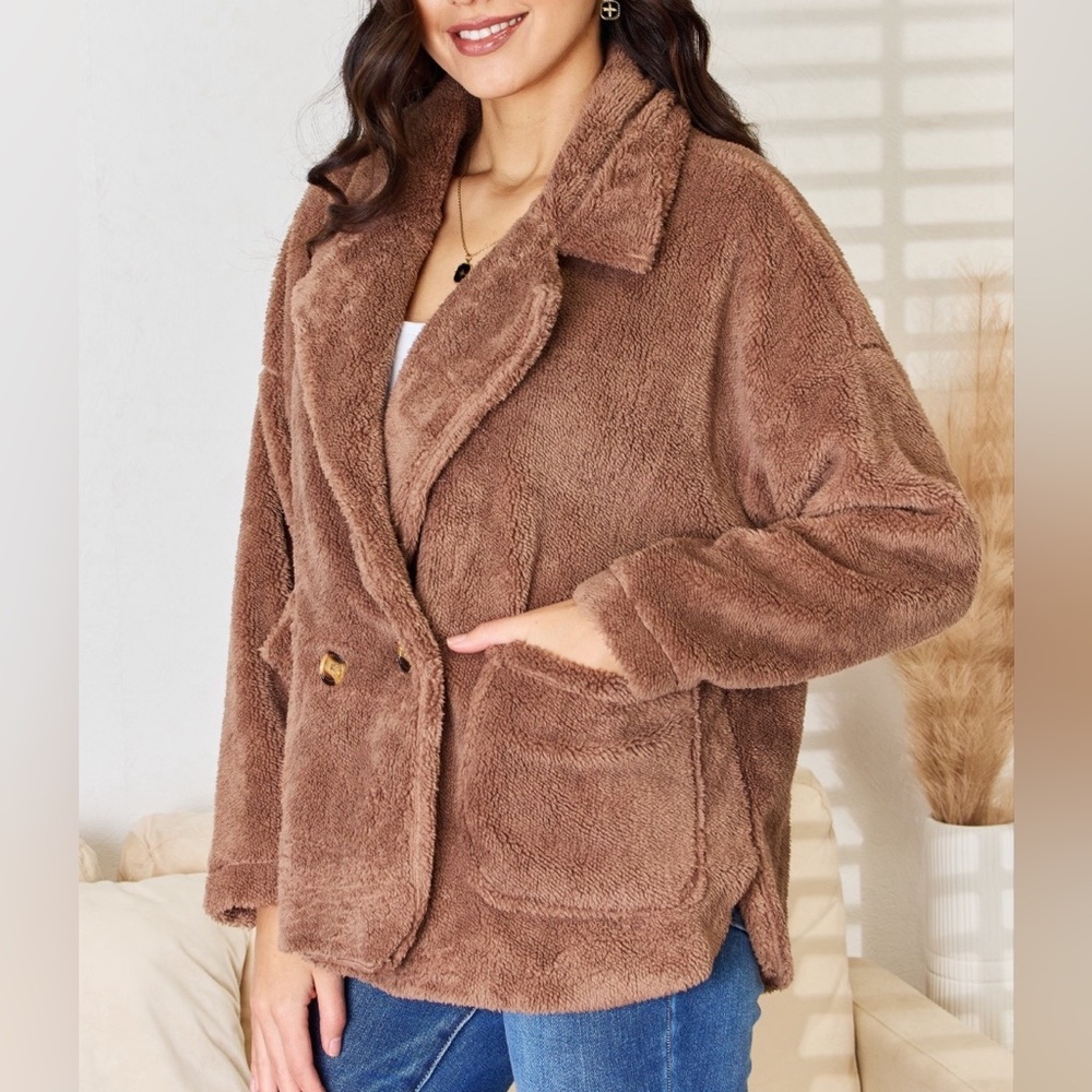 NEW Culture Code Brown Double Breasted Fuzzy Teddy Fleece Peacoat Jacket - Picture 4 of 5